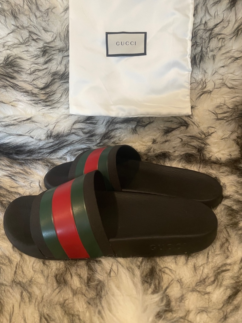 Gucci Men’s Black Slides with Red and Green Web Stripe Sz 14 BS2 - Picture 2 of 5